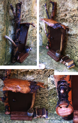 Fairy Door with sign, fire wood, axe, table and stools.